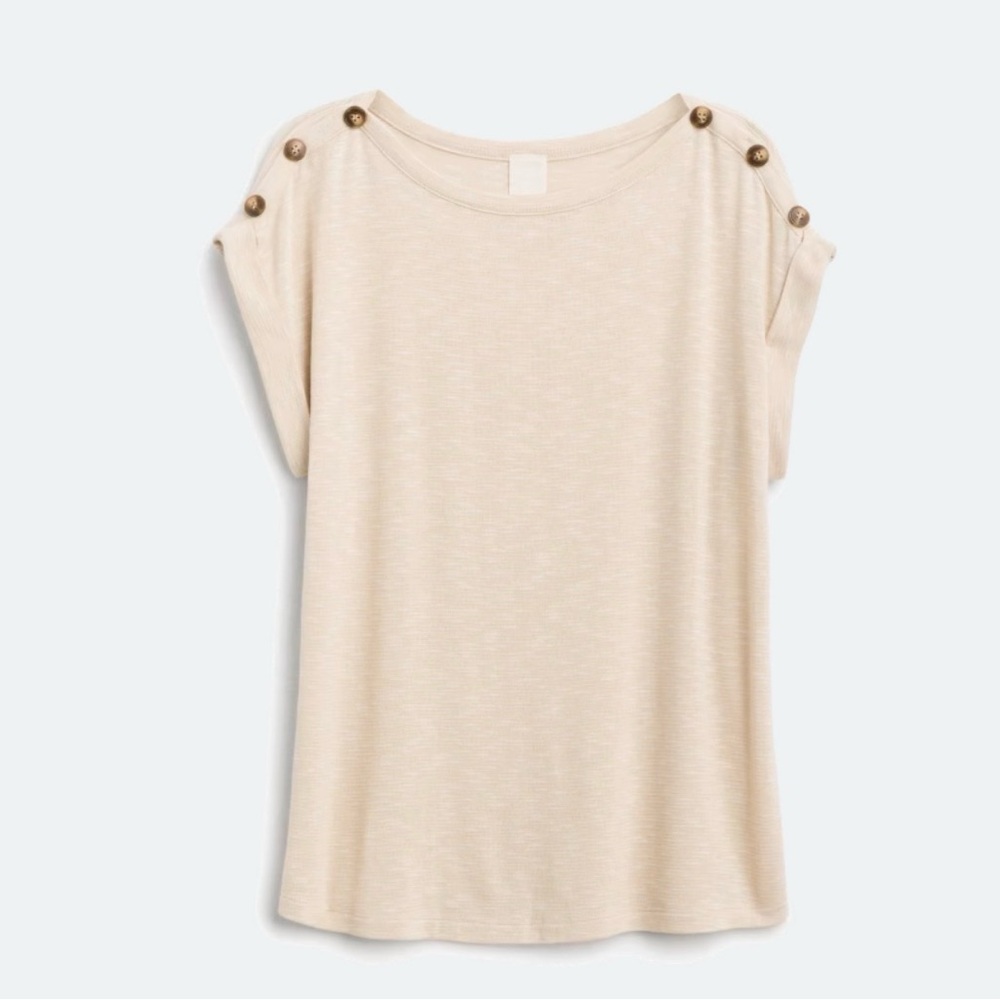 Kaileigh Mercy Beige Button-Shoulder Tee